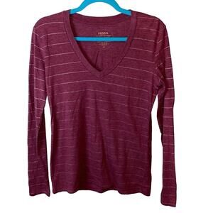 Fossil Long Sleeve V-Neck Top Medium Burgundy Stripe Soft Tee